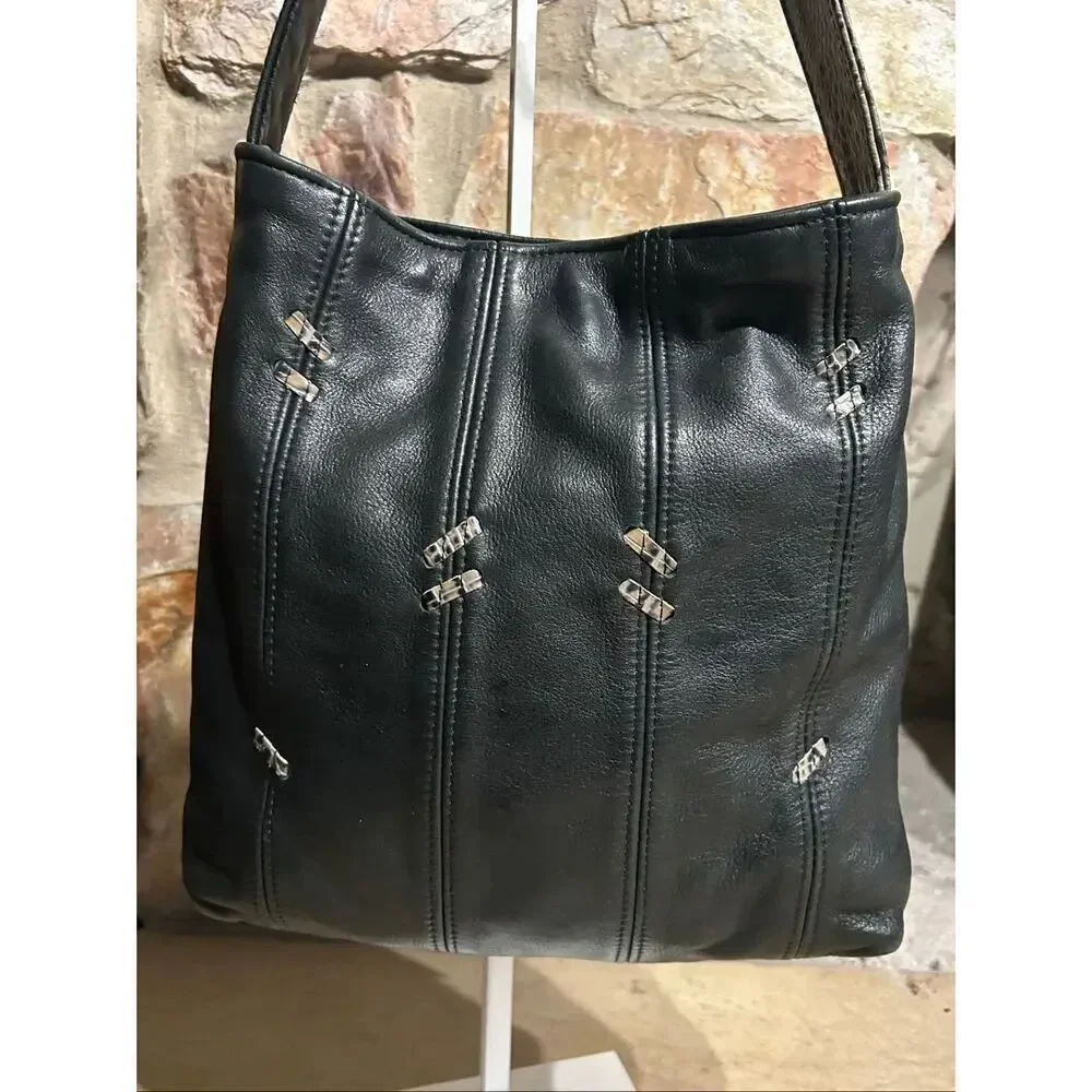 Black Leather Slouchy Hobo Bag Snakeskin Strap Silver Ring Hardware Y2K